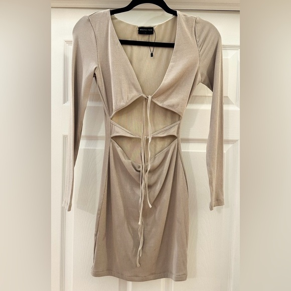 White Fox Boutique Long Sleeve Cutout Tie Front Ribbed Mini Dress Tan sz Small - Picture 1 of 3